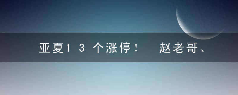 亚夏13个涨停！ 赵老哥、小鳄鱼出货手法了解一下